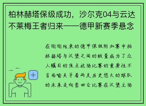 柏林赫塔保级成功，沙尔克04与云达不莱梅王者归来——德甲新赛季悬念丛生