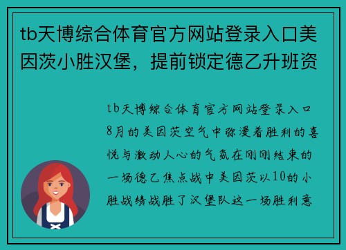 tb天博综合体育官方网站登录入口美因茨小胜汉堡，提前锁定德乙升班资格，豪言下赛季征程必定风光无限