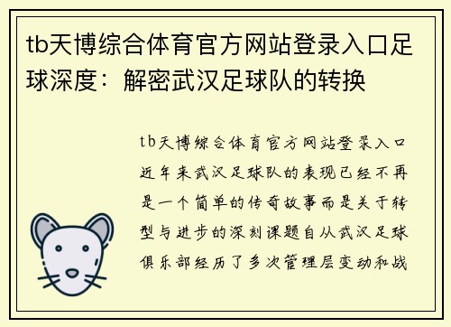 tb天博综合体育官方网站登录入口足球深度：解密武汉足球队的转换